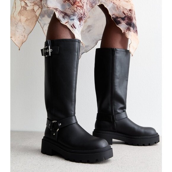ASOS New Look, Extra Calf Fit Black Vegan Leather Knee-High Biker Boots - Picture 1 of 12